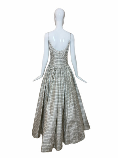 BADGLEY MISCHKA 90's Vintage Ivory Checked Silk Beaded Ball Gown