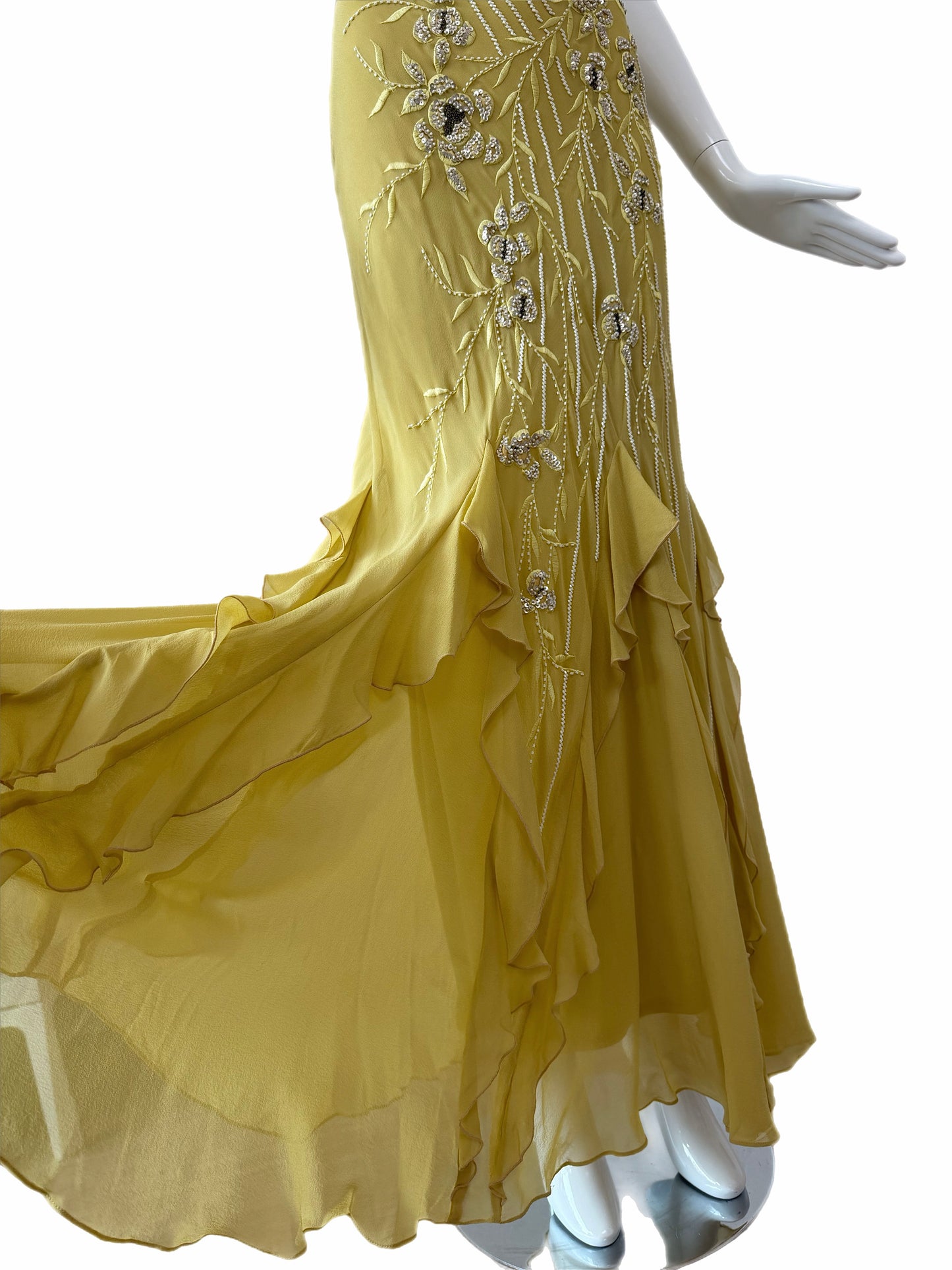 SUE WONG 2005 Vintage Chartreuse Silk Floral Beaded Ruffle Gown