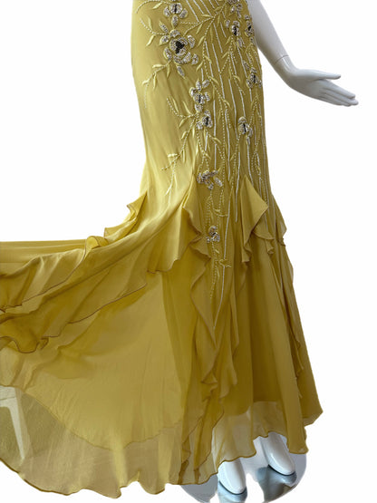 SUE WONG 2005 Vintage Chartreuse Silk Floral Beaded Ruffle Gown