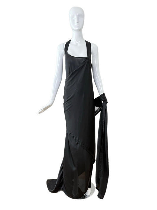 DONNA KARAN Black Silk Grecian Wrap Evening Gown
