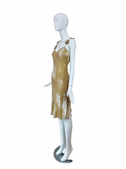JOHN GALLIANO 2001 Vintage Silk Brushstroke Golden Flower Motif Slip Dress
