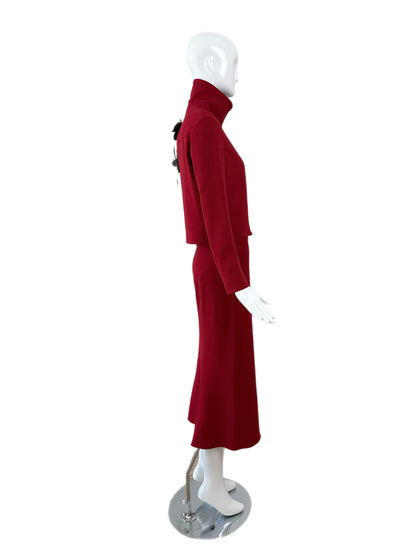 John Galliano 2001 Vintage Crimson Red Floral Motif Skirt Suit