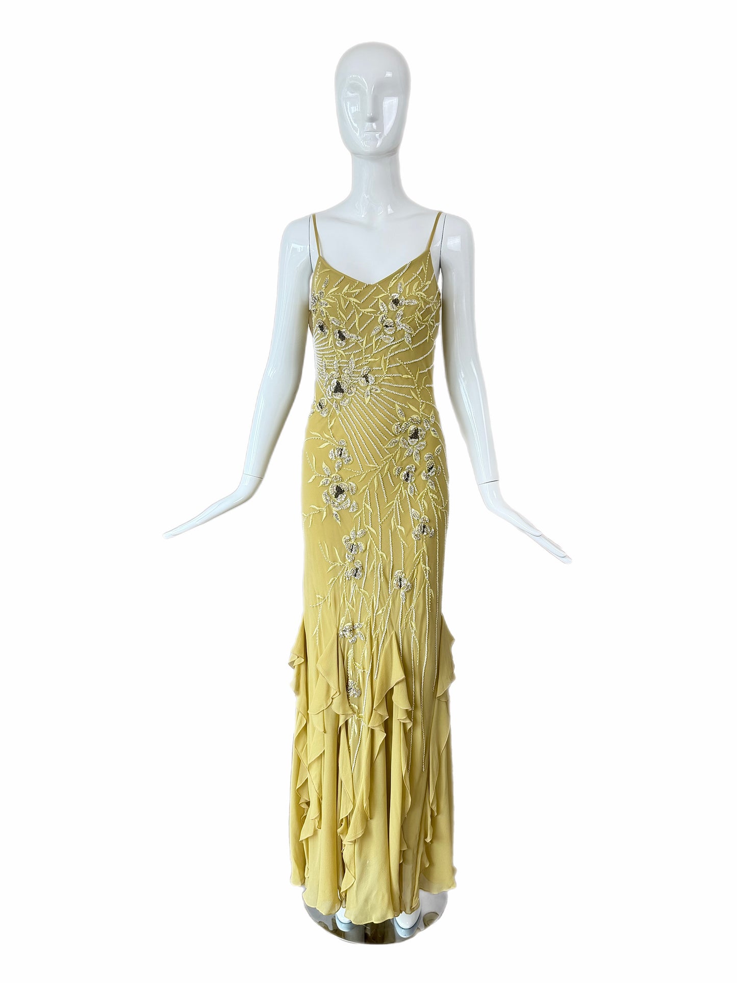 SUE WONG 2005 Vintage Chartreuse Silk Floral Beaded Ruffle Gown
