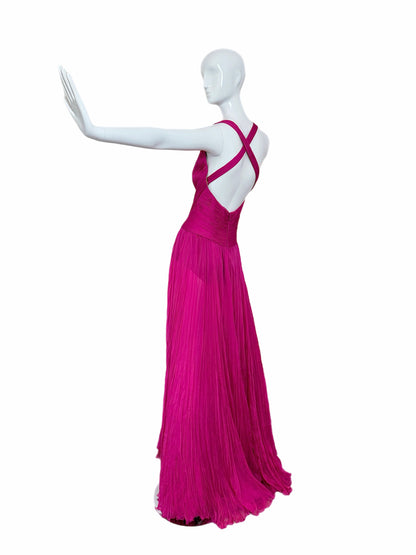 ROBERTO CAVALLI Hot Pink Fuschia Silk Plisse Pleated Plunge Neckline Evening Gown