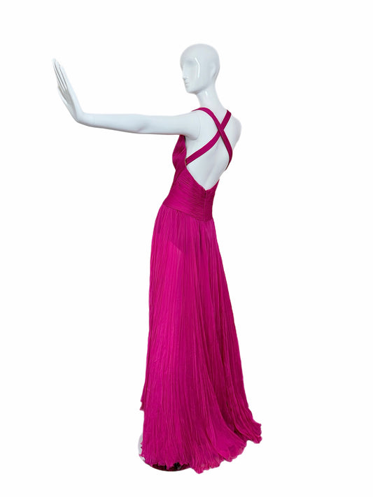 ROBERTO CAVALLI Hot Pink Fuschia Silk Plisse Pleated Plunge Neckline Evening Gown