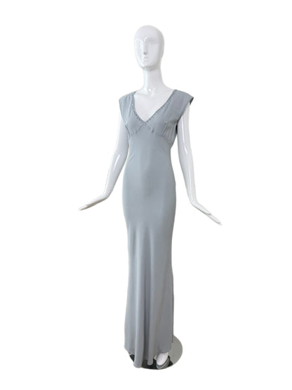 LES HABITUDES 90's Vintage Dusty Powder Blue Floral Neckline Slip Gown