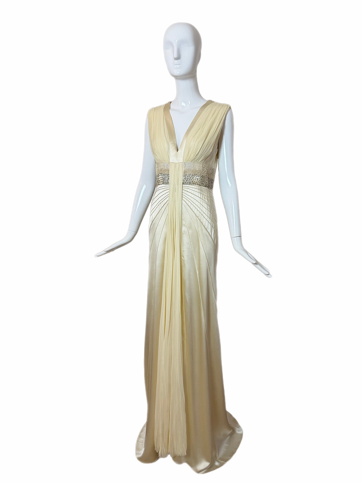 J. MENDEL Vanilla Silk Embellished Evening Gown w. Train