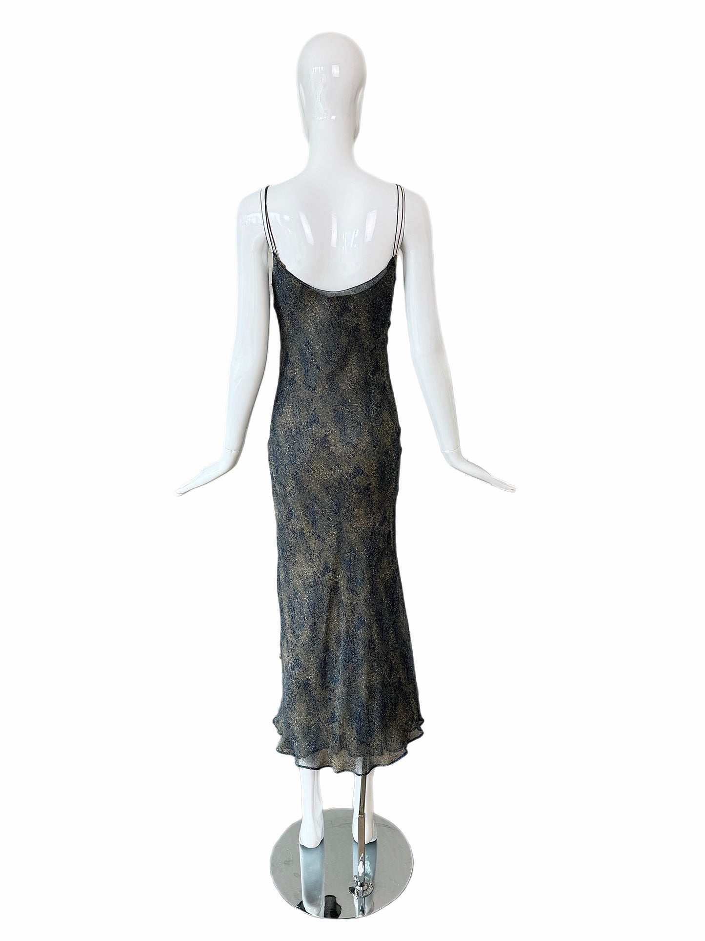 DONNA KARAN 90's Vintage Navy Blue & Tan Printed Silk Slip Maxi Dress