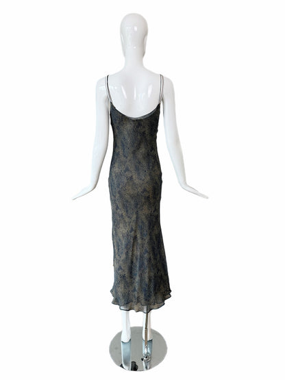DONNA KARAN 90's Vintage Navy Blue & Tan Printed Silk Slip Maxi Dress