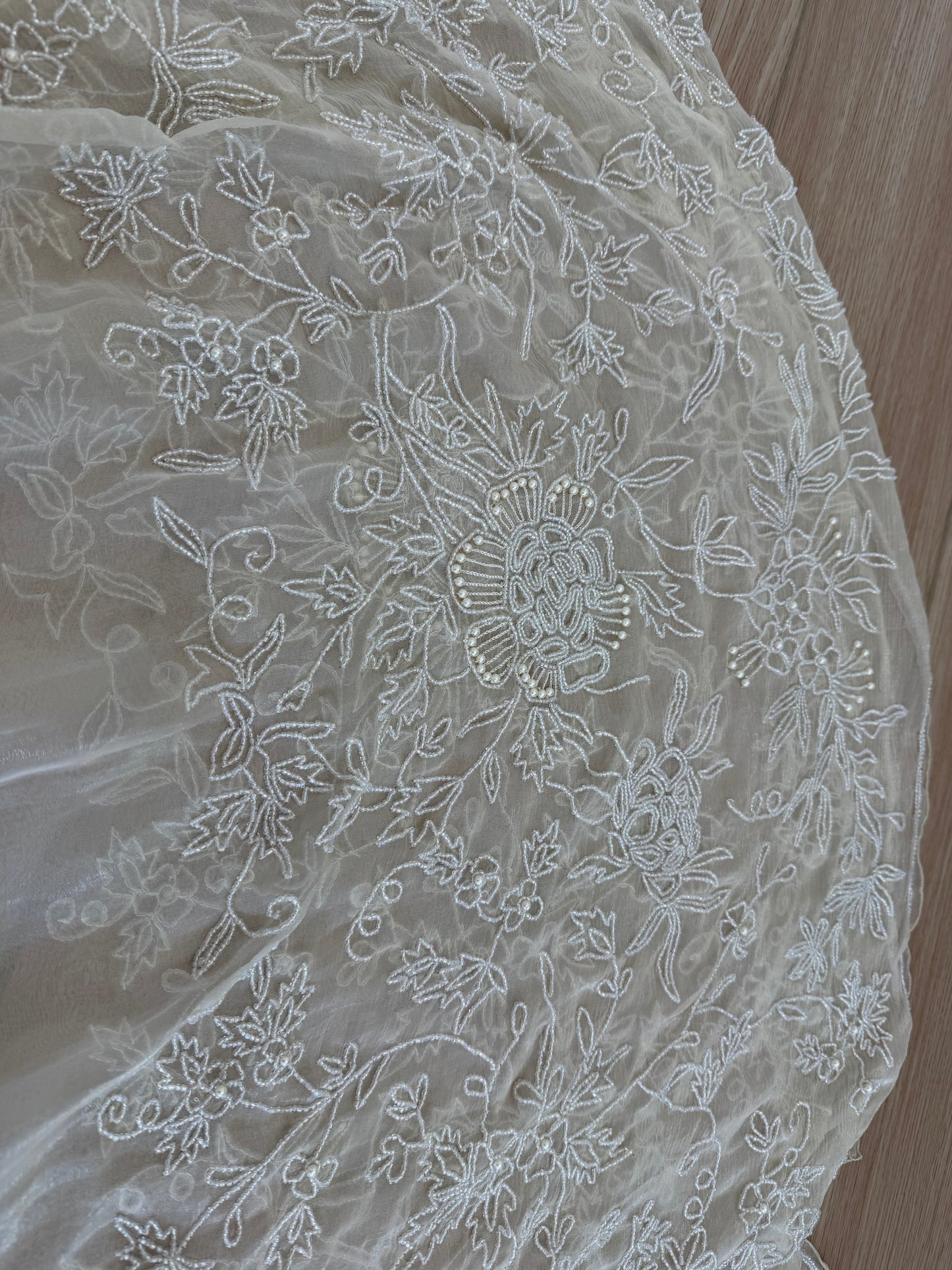 LES HABITUDES 90's Vintage Couture Vanilla Cream Beaded Silk Wedding Gown w. Shawl