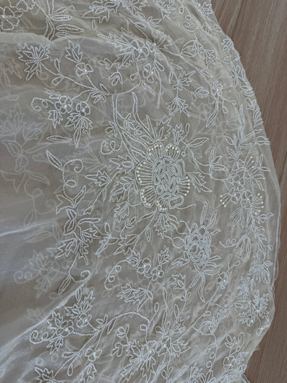 LES HABITUDES 90's Vintage Couture Vanilla Cream Beaded Silk Wedding Gown w. Shawl