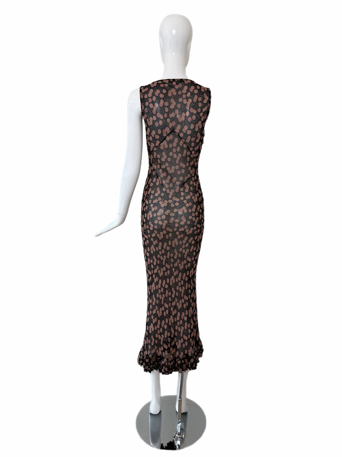 COLLETTE DINNIGAN Vintage Sheer Silk Cherry Print Ankle Length Dress