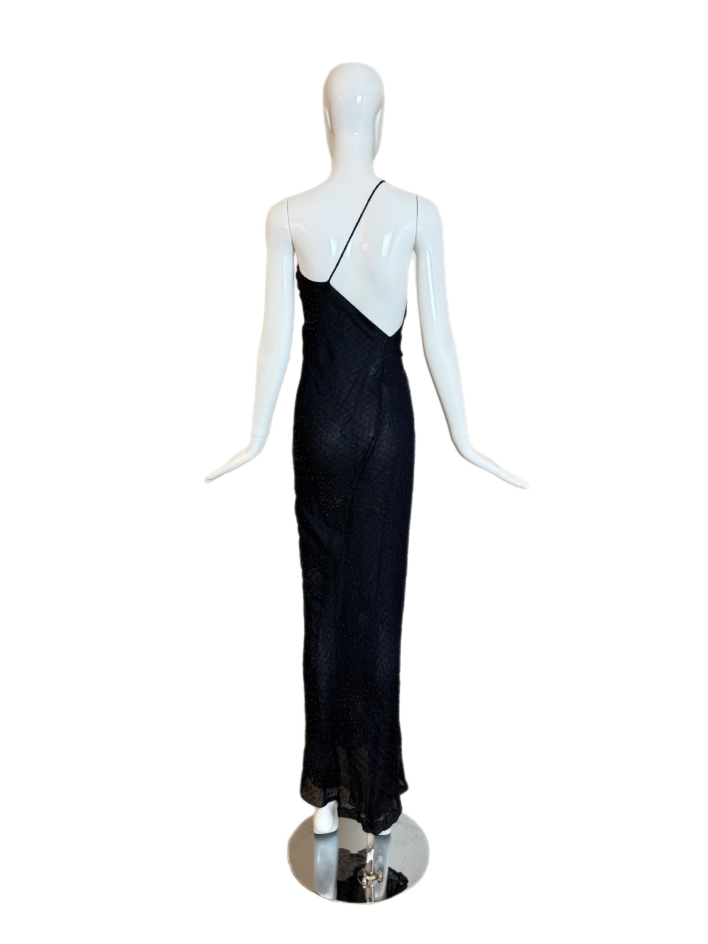 DONNA KARAN 90's Vintage Midnight Blue Beaded Asymmetrical Evening Gown