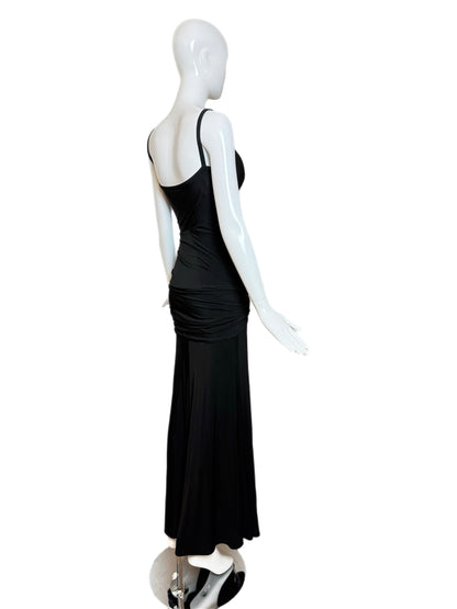 DONNA KARAN Vintage Black Ruched Knotted Evening Gown