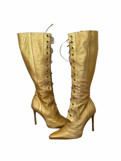 DIOR by JOHN GALLIANO 2000 Vintage Gold Leather Embossed Ostrich Print Lace Up Boots
