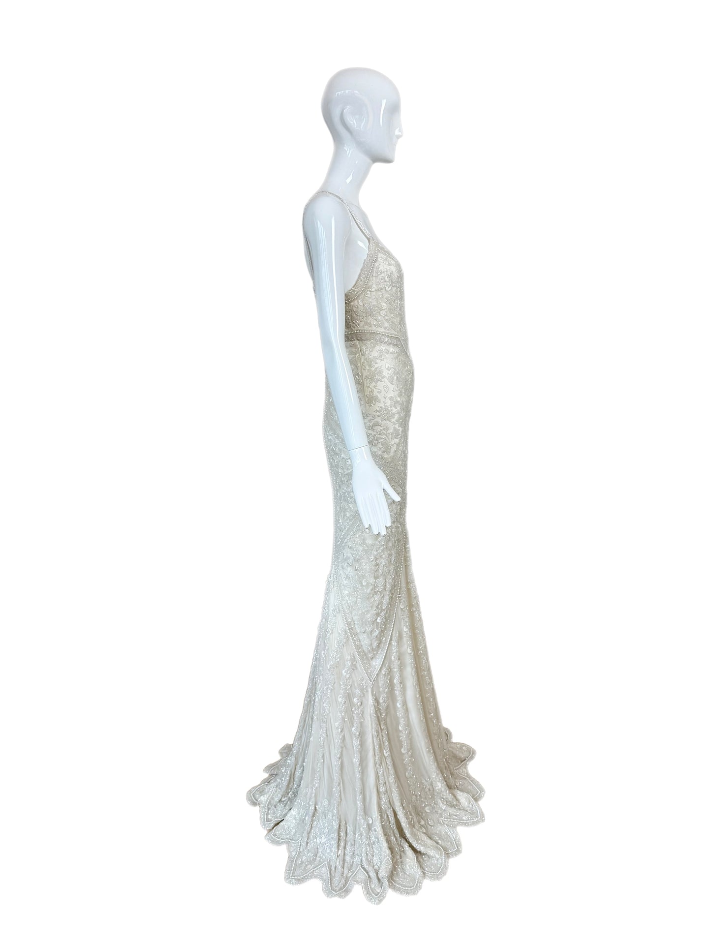 LES HABITUDES 90's Vintage Couture Hand-Beaded w. Pearls White Silk Bridal Gown