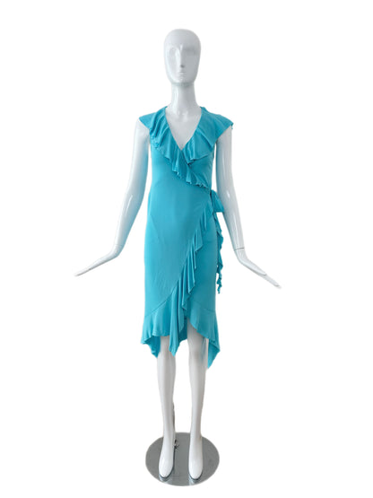 VERSACE 2004 Vintage Aqua Blue Ruffle Wrap Dress