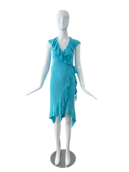 VERSACE 2004 Vintage Aqua Blue Ruffle Wrap Dress