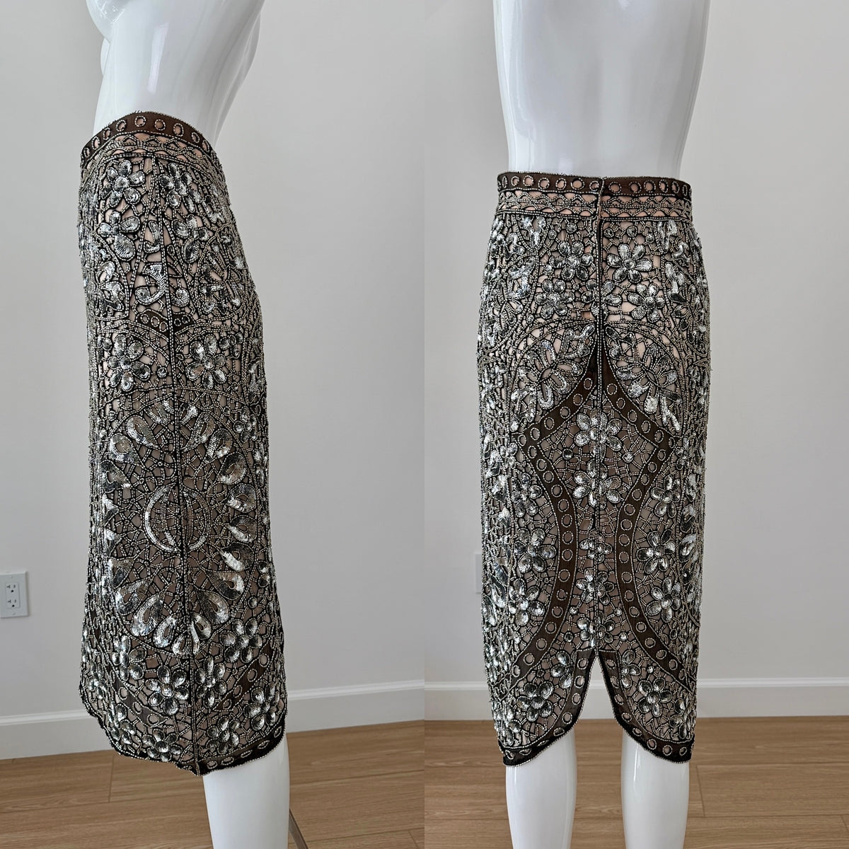 Eavis & Brown Vintage Hand-Beaded Silk Silver Embellished Skirt Set