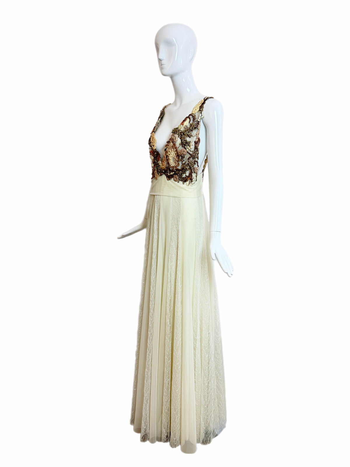 Ema Savahl Couture Hand Painted Ivory Pleated Lace Backless Gown