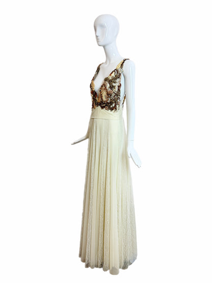 Ema Savahl Couture Hand Painted Ivory Pleated Lace Backless Gown