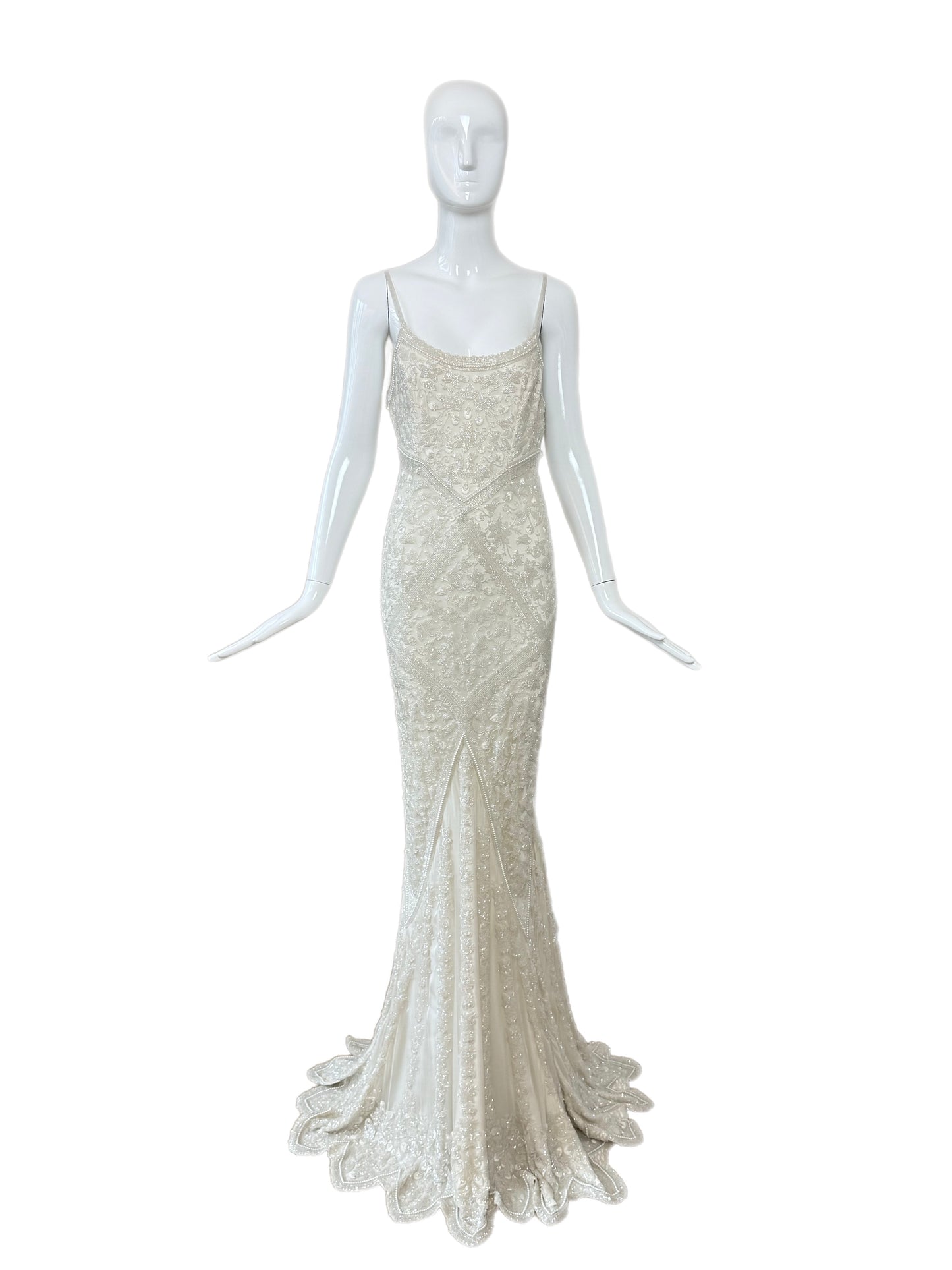 LES HABITUDES 90's Vintage Couture Hand-Beaded w. Pearls White Silk Bridal Gown