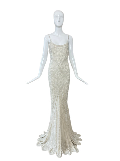 LES HABITUDES 90's Vintage Couture Hand-Beaded w. Pearls White Silk Bridal Gown