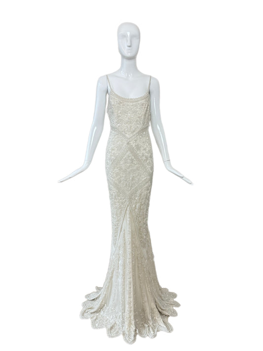 LES HABITUDES 90's Vintage Couture Hand-Beaded w. Pearls White Silk Bridal Gown