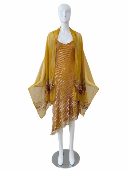 LA PERLA Vintage Marigold Embellished Slip Dress w. Sequin Shawl