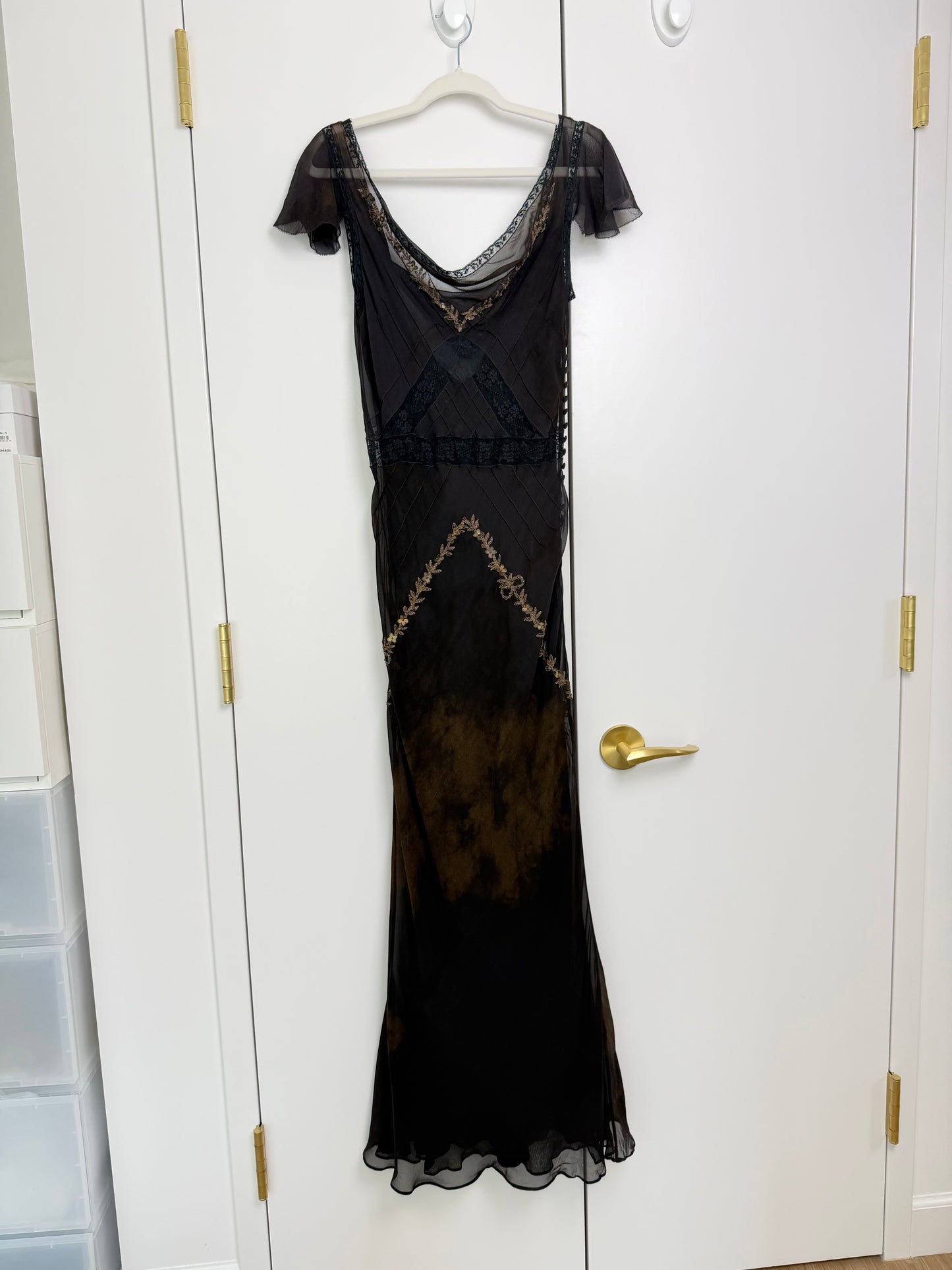 JOHN GALLIANO 2006 Vintage Runway Silk Bias Cut Metal + Lace Embellished Evening Gown