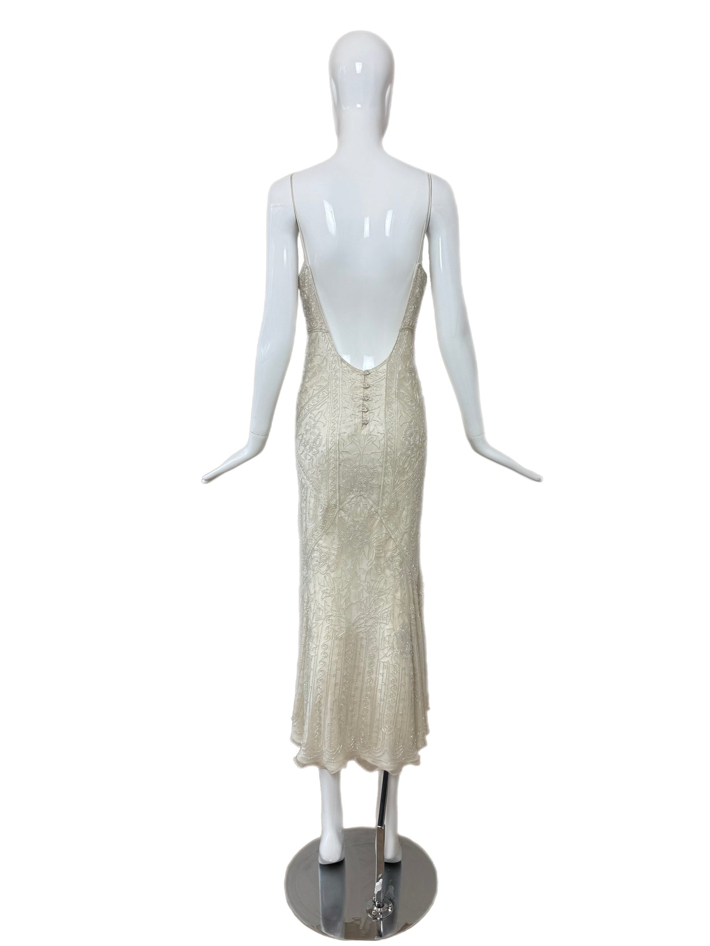 LES HABITUDES 90's Vintage Couture Ivory White Silk Beaded Dress w. Shawl