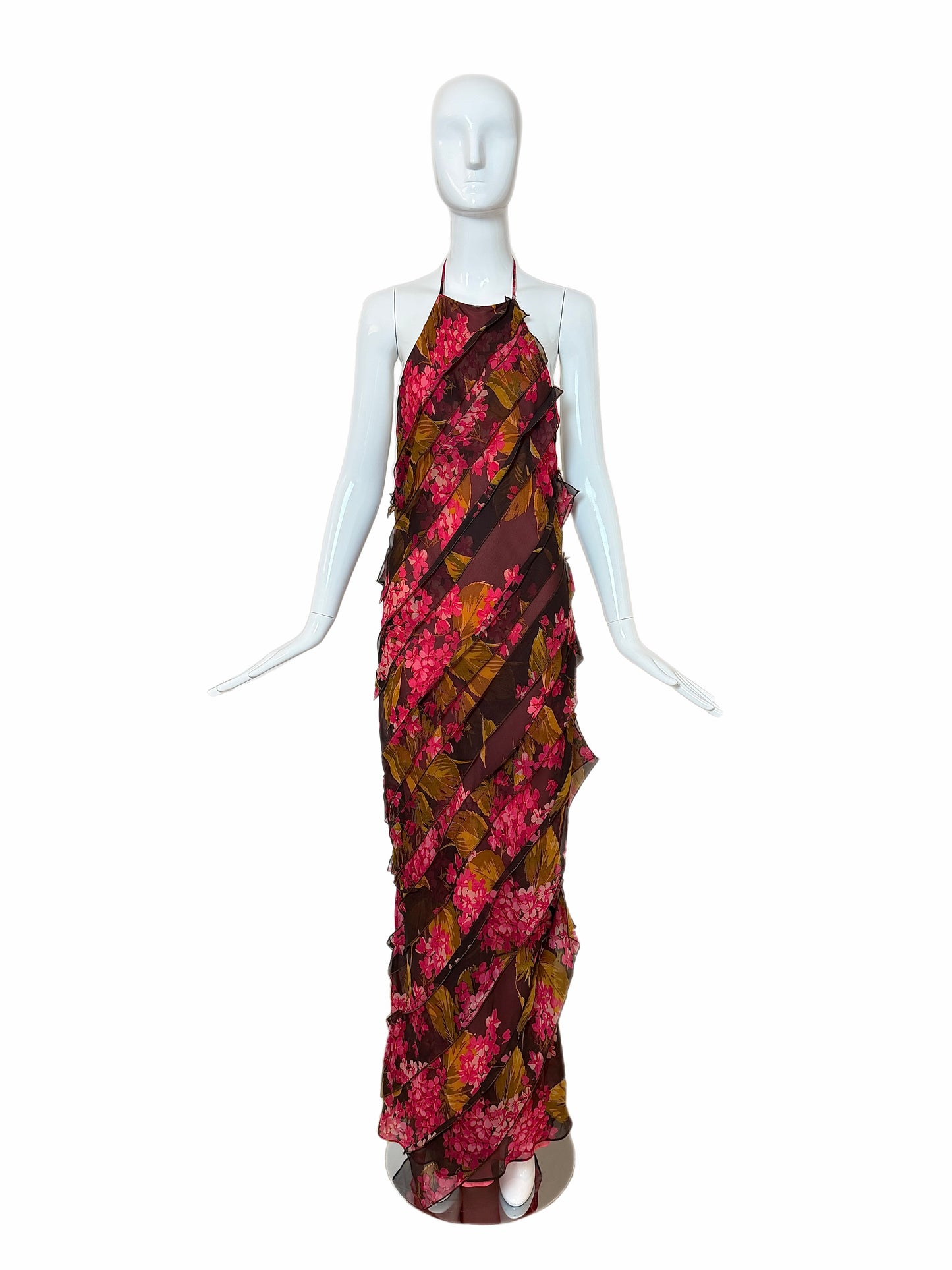 VERA WANG 2000 Vintage Silk Floral Ruffle Halter Evening Gown