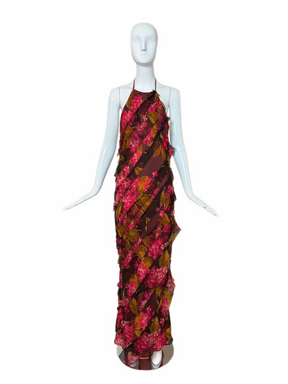VERA WANG 2000 Vintage Silk Floral Ruffle Halter Evening Gown