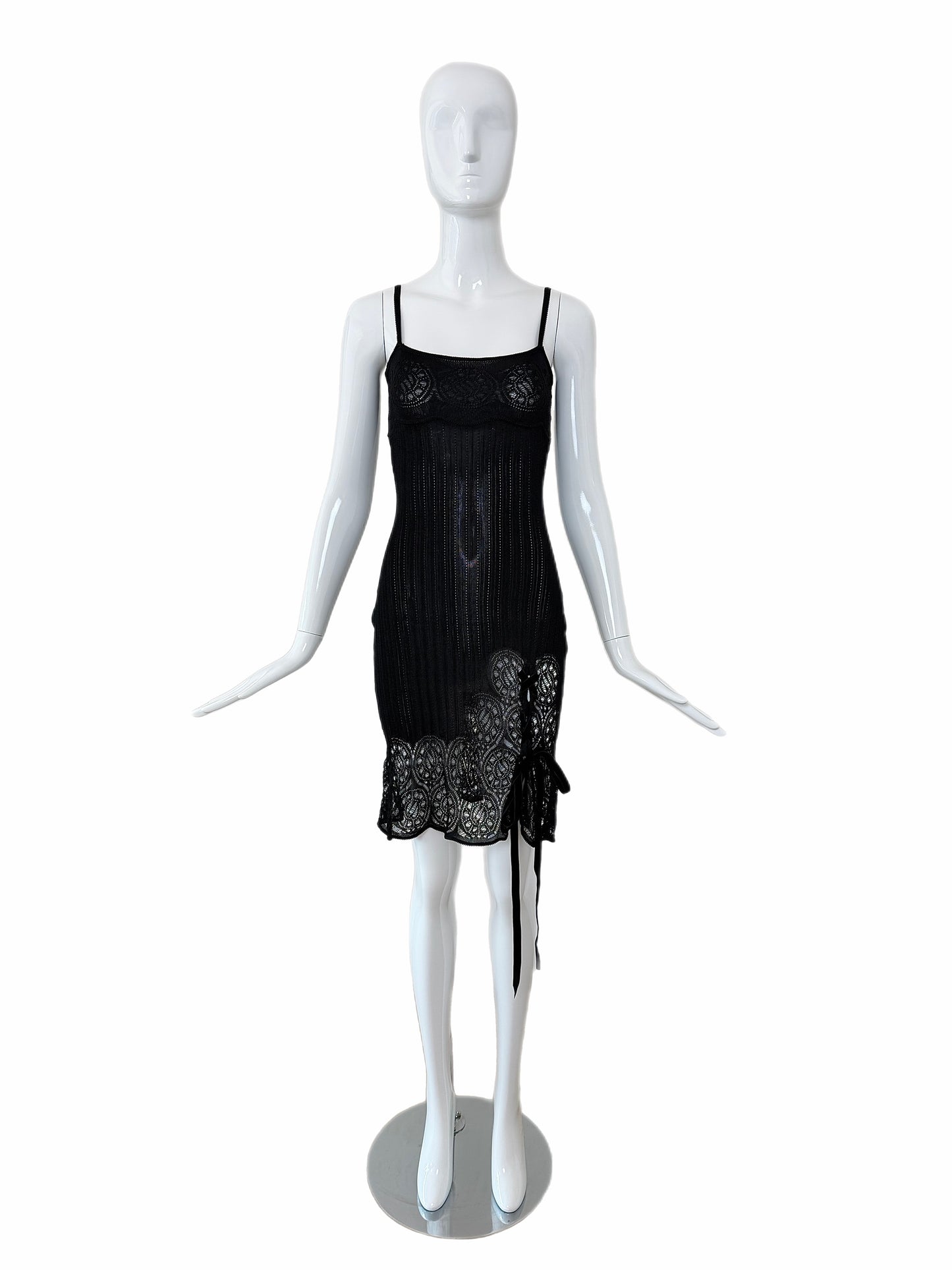 JOHN GALLIANO 1999 Vintage Sheer Knit Black Pointelle Cocktail Dress