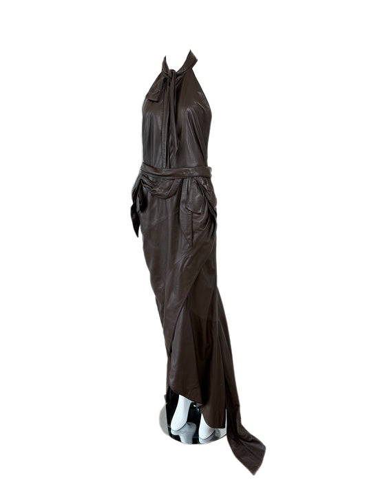Nina ricci vintage runway lambskin leather evening gown maxi dress with halter neck and it's backless