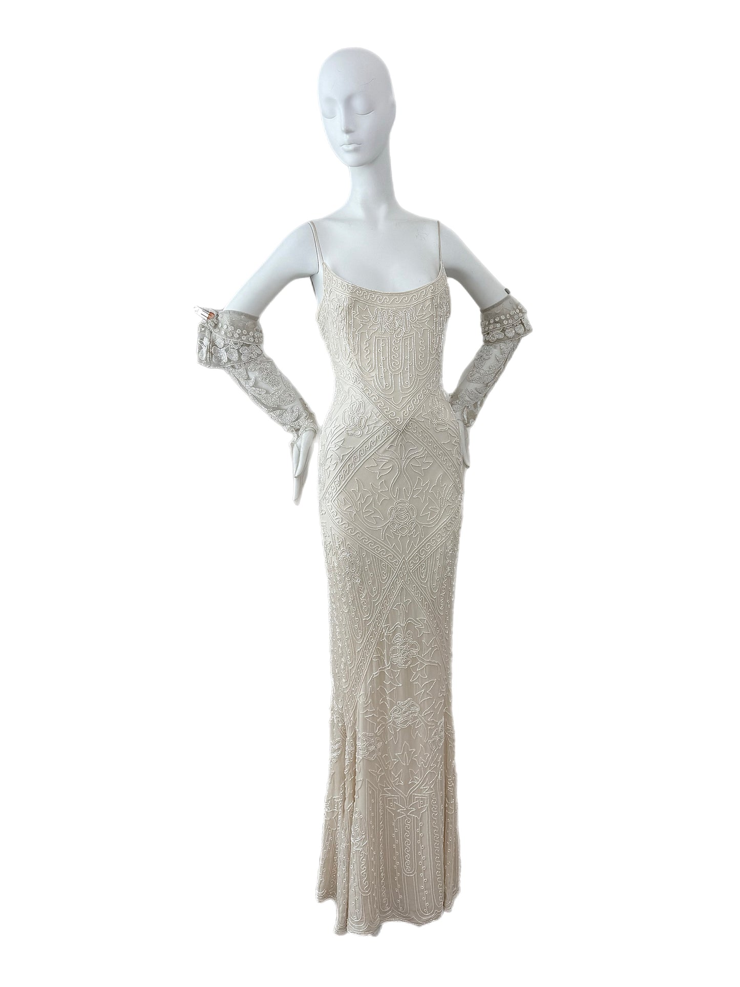 LES HABITUDES 90's Vintage Couture Hand Beaded Bridal Gown w. Gloves + Shawl