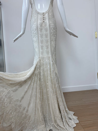 LES HABITUDES 90's Vintage Couture Hand-Beaded w. Pearls White Silk Bridal Gown
