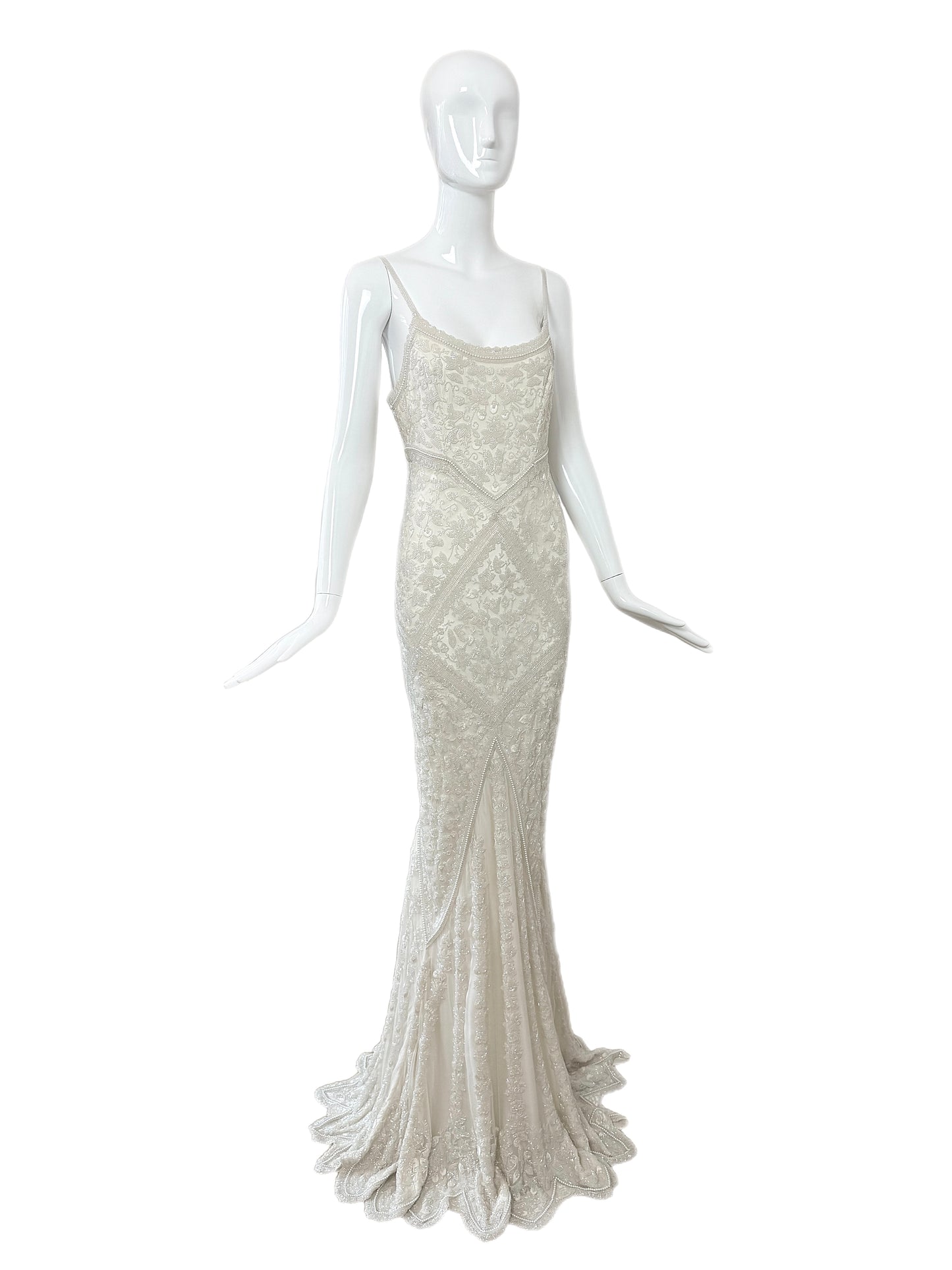 LES HABITUDES 90's Vintage Couture Hand-Beaded w. Pearls White Silk Bridal Gown