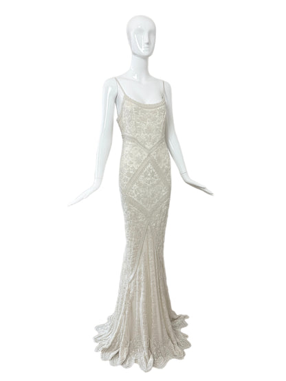 LES HABITUDES 90's Vintage Couture Hand-Beaded w. Pearls White Silk Bridal Gown