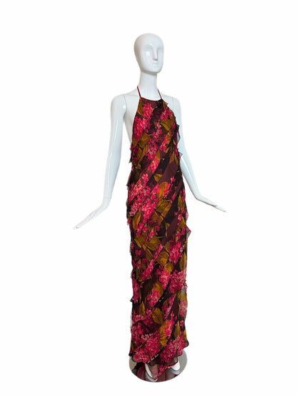 VERA WANG 2000 Vintage Silk Floral Ruffle Halter Evening Gown
