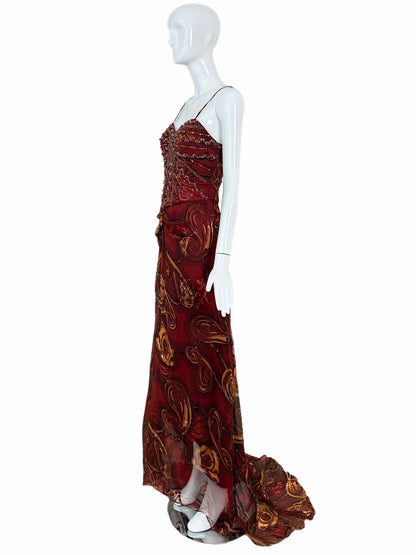 SUE WONG Vintage Silk Burgundy Embellished Evening Gown w. Train