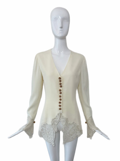 DIOR 1995 Vintage Runway Ivory Blouse/Jacket w. Gold Buttons and Embroidery