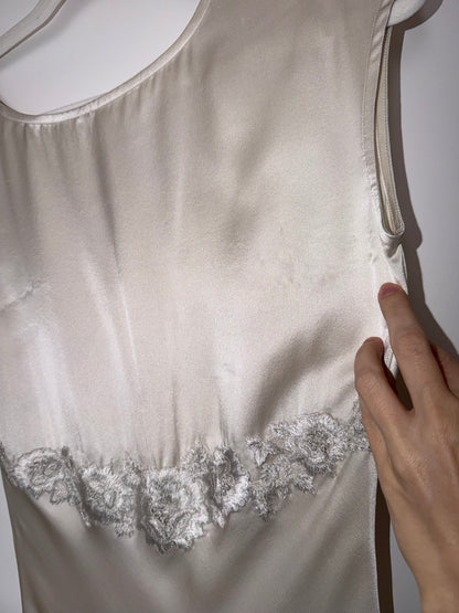 LES HABITUDES 90's Vintage Silver Grey Satin Floral Hand Beaded Antique Look Slip Gown