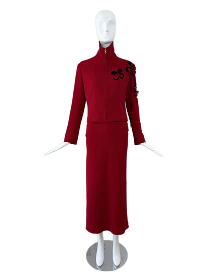 John Galliano 2001 Vintage Crimson Red Floral Motif Skirt Suit