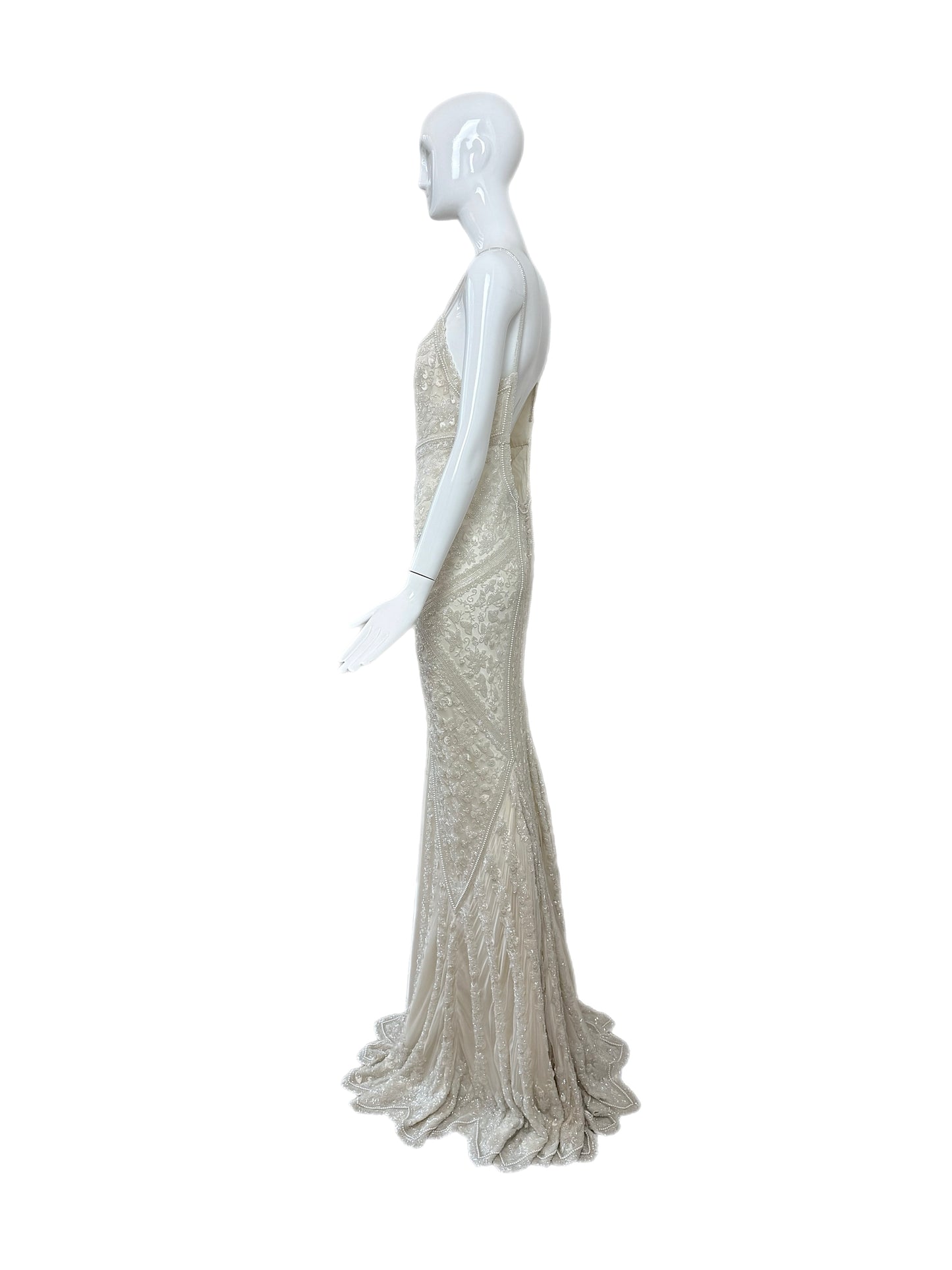 LES HABITUDES 90's Vintage Couture Hand-Beaded w. Pearls White Silk Bridal Gown