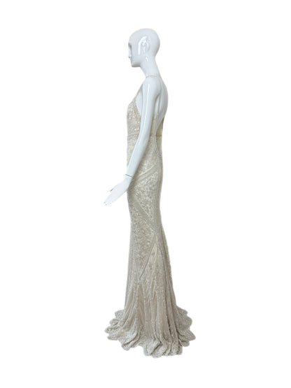LES HABITUDES 90's Vintage Couture Hand-Beaded w. Pearls White Silk Bridal Gown