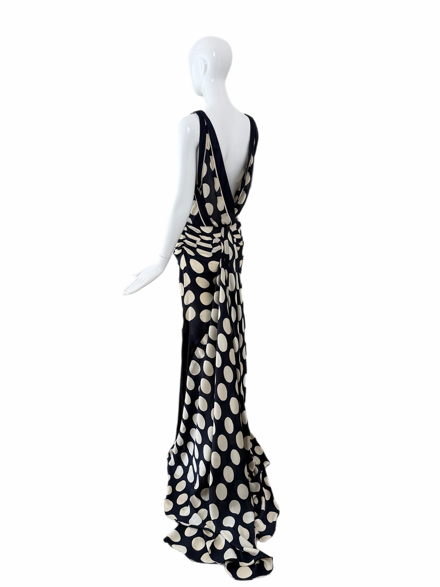 DONNA KARAN 2003 Vintage Runway Silk Midnight Blue +Ivory Polka Dot Gown