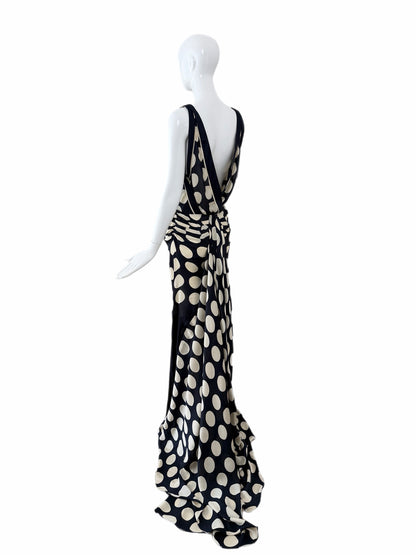 DONNA KARAN 2003 Vintage Runway Silk Midnight Blue +Ivory Polka Dot Gown