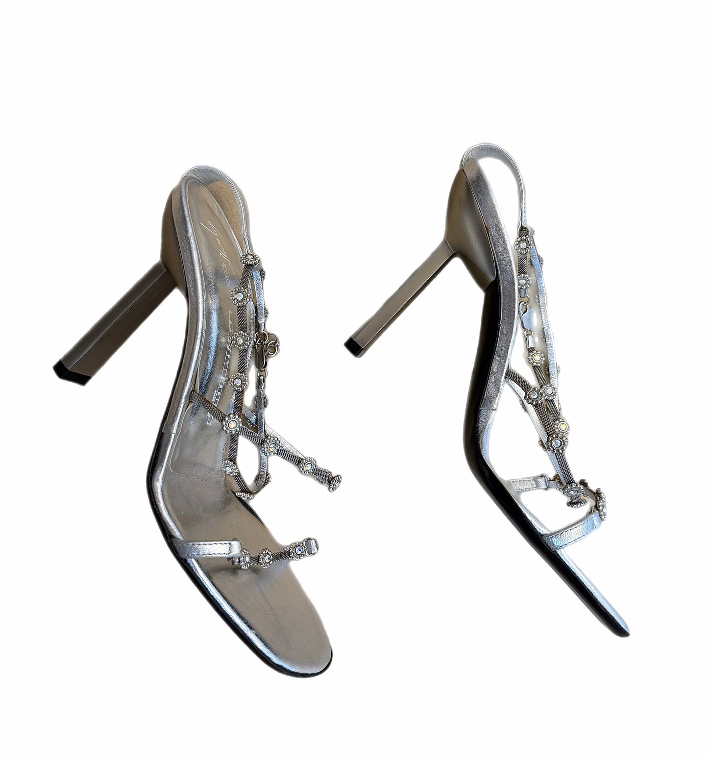 GIUSEPPE ZANOTTI 90's Vintage Silver Crystal Flower Chain Strap Sandals
