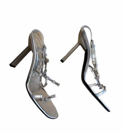GIUSEPPE ZANOTTI 90's Vintage Silver Crystal Flower Chain Strap Sandals